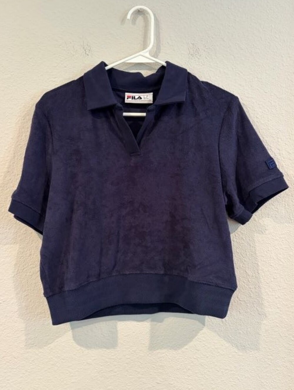 NEW Fila Womens Classic Navy Blue Aria Towel Terry Polo Semi Crop Shirt Size Med